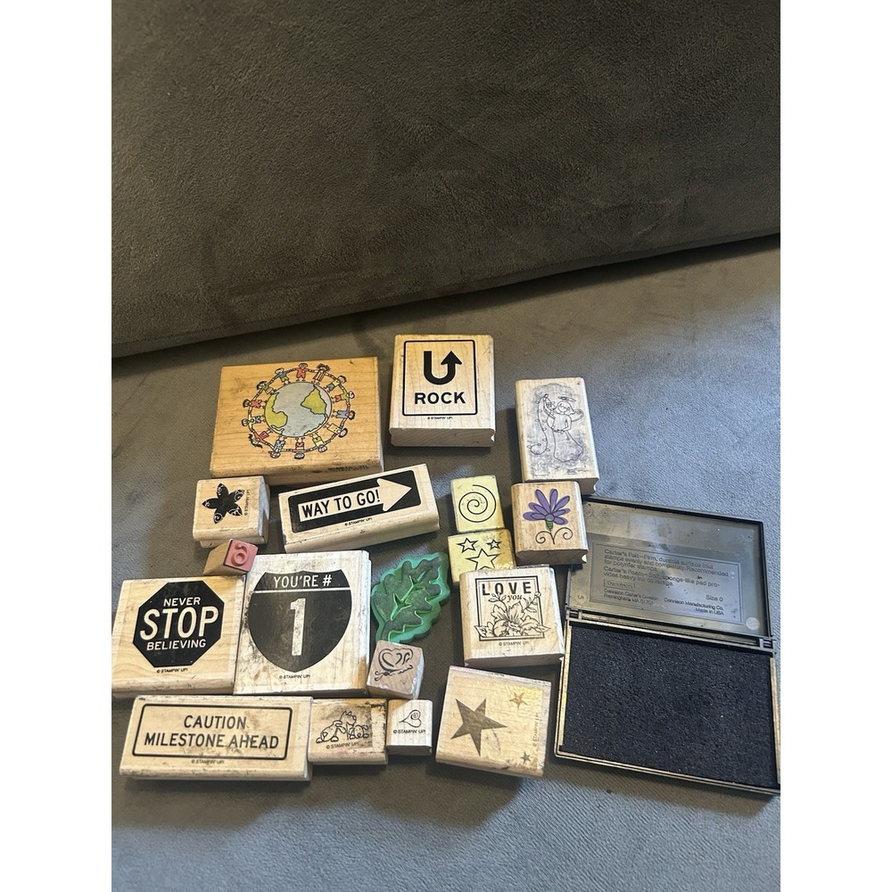 Stampin Up Wood Mounted Rubber Stamp Lot Mixed Designs + Carter's Ink Pad